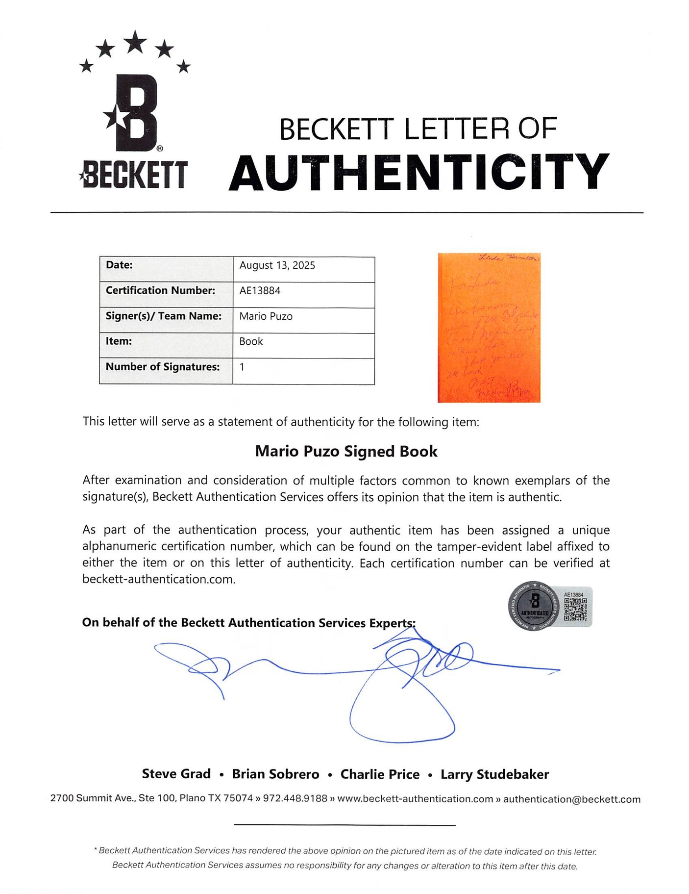 Mario Puzo The Godfather Signed 1st Edition Hard Cover Book w/ Dust Jacket BAS