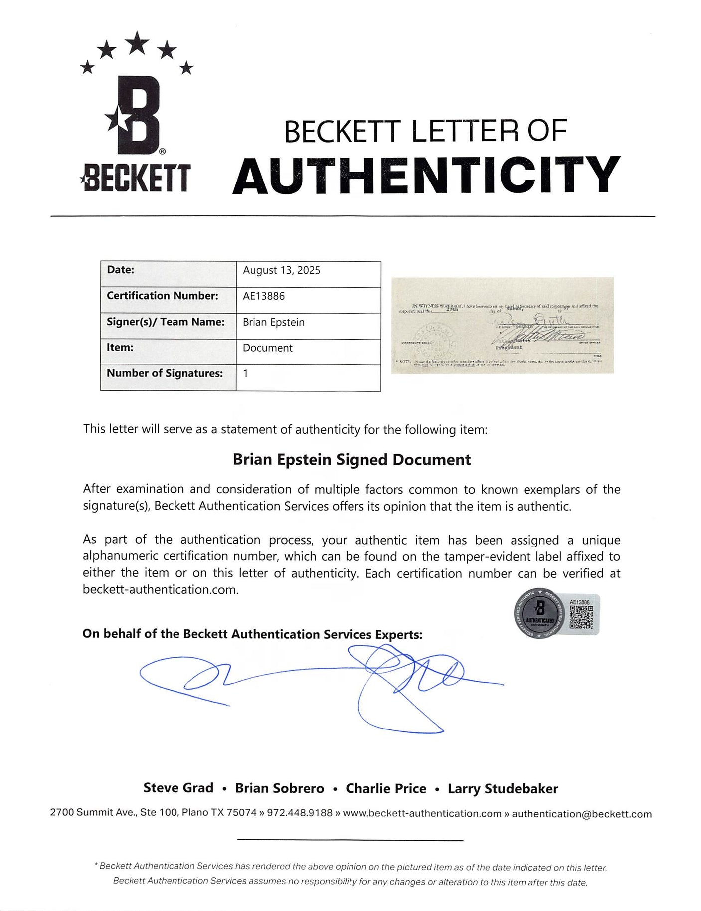 Brian Epstein The Beatles Signed 4 Page 8.5x11 1967 Contract BAS #AE13886