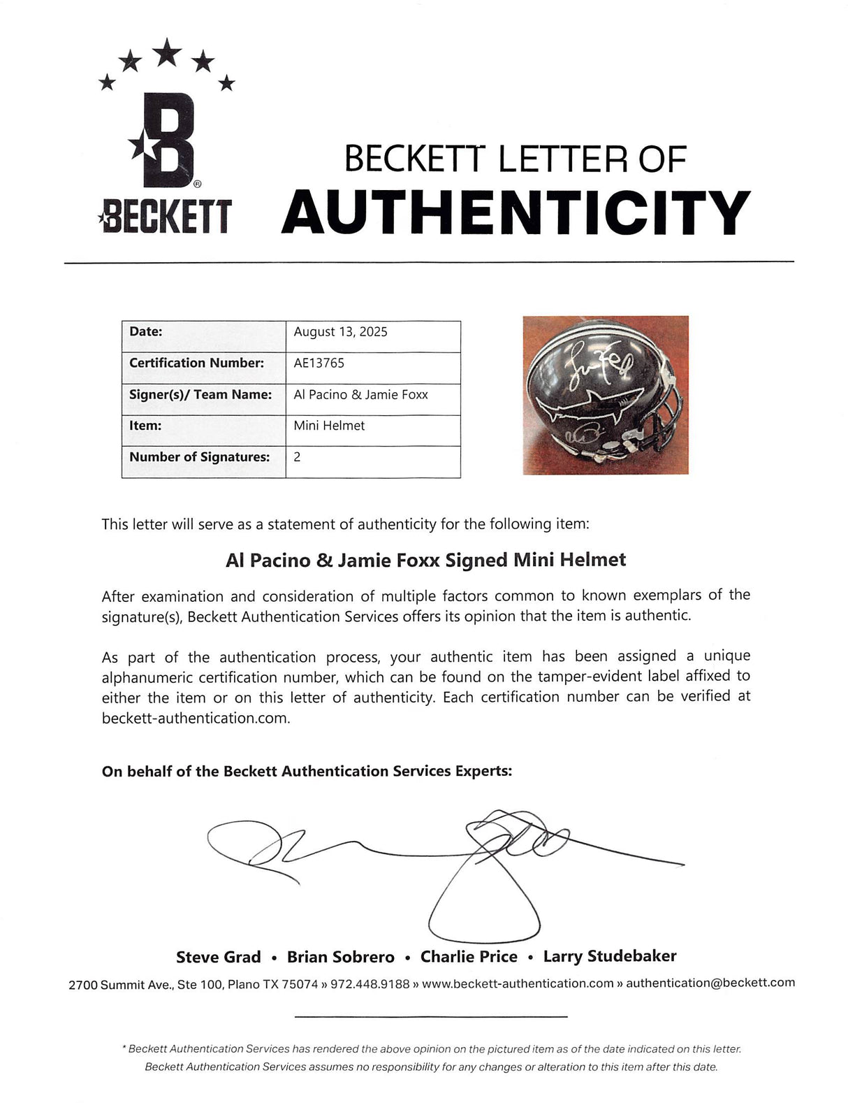 Jamie Foxx & Al Pacino Any Given Sunday Signed Sharks Mini Helmet BAS #AE13765