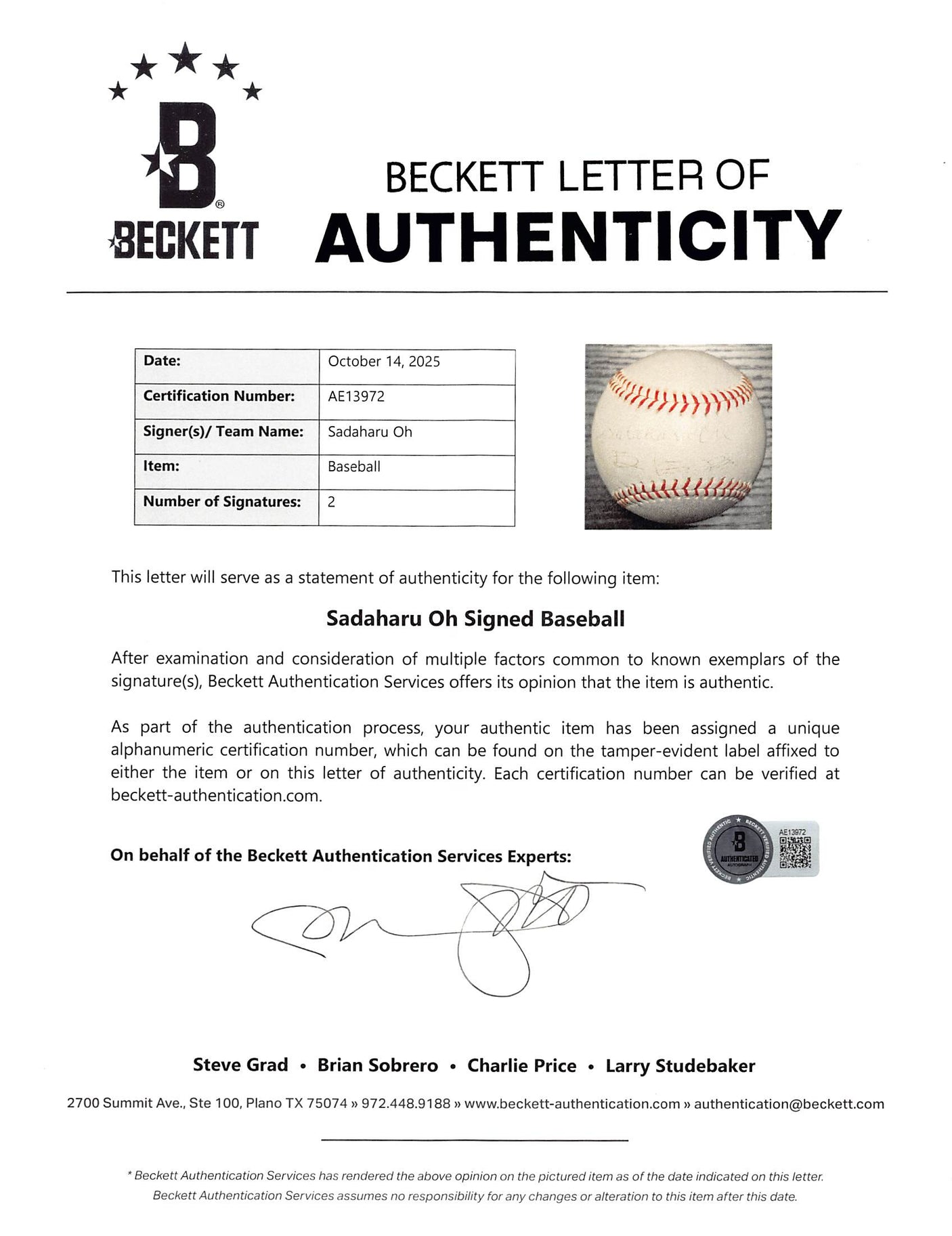Sadaharu Oh Authentic 2x Signed English & Japanese Baseball BAS #AE13972