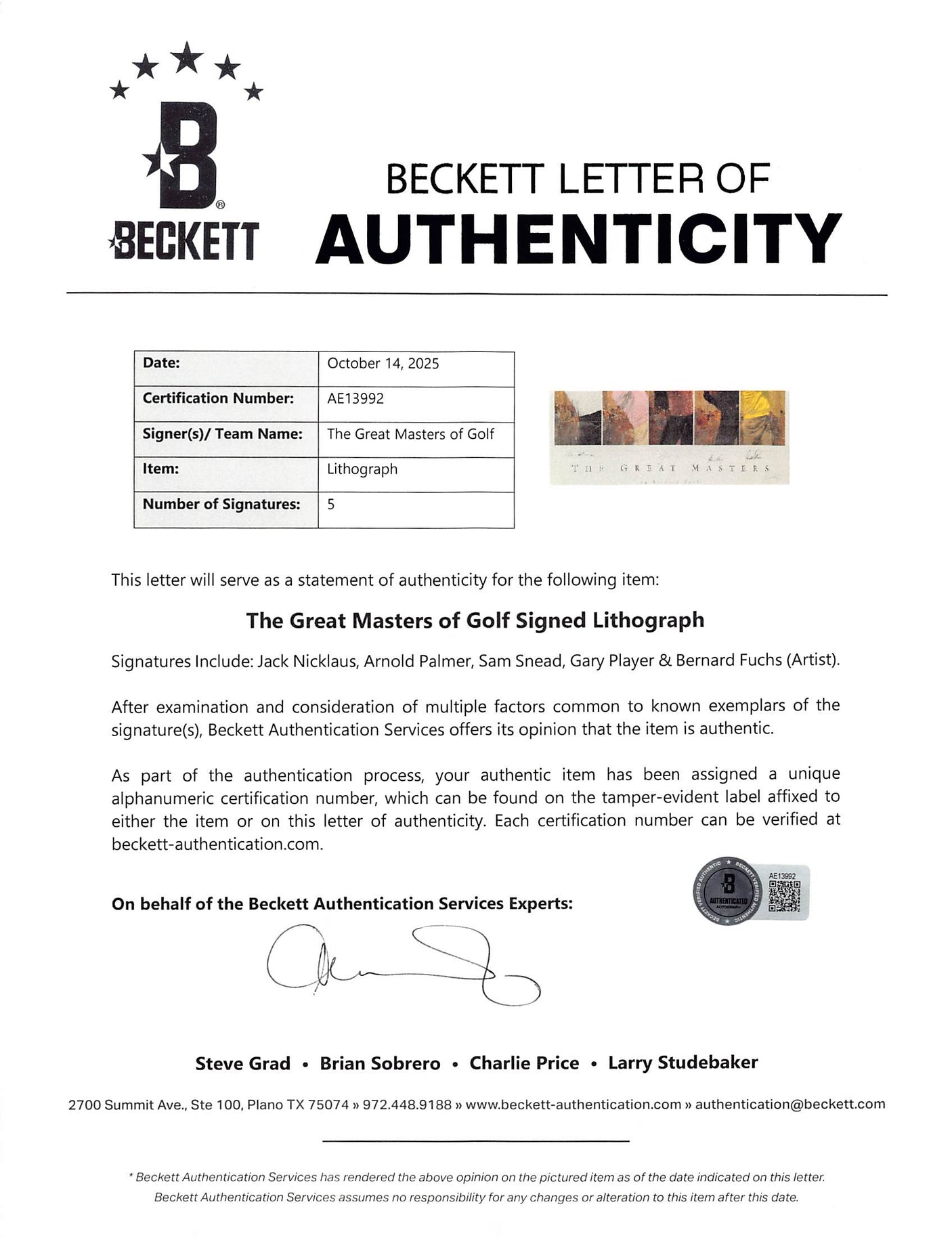 Golf Masters (5) Nicklaus, Palmer, Snead, Player Signed & Framed Lithograph BAS