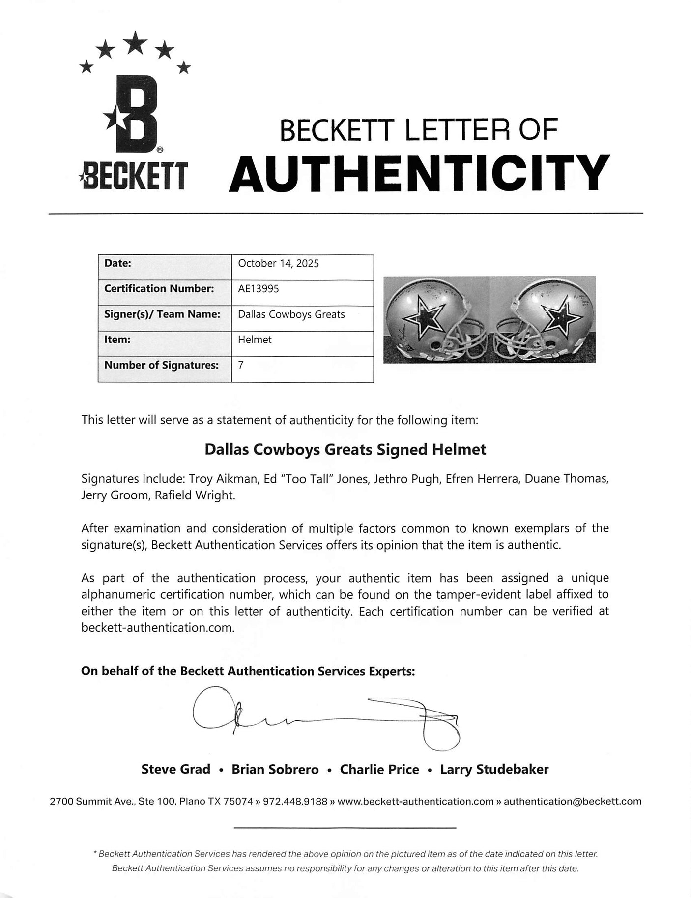 Cowboys Greats (7) Aikman, Jones, Wright +4 Signed Full Size Proline Helmet BAS