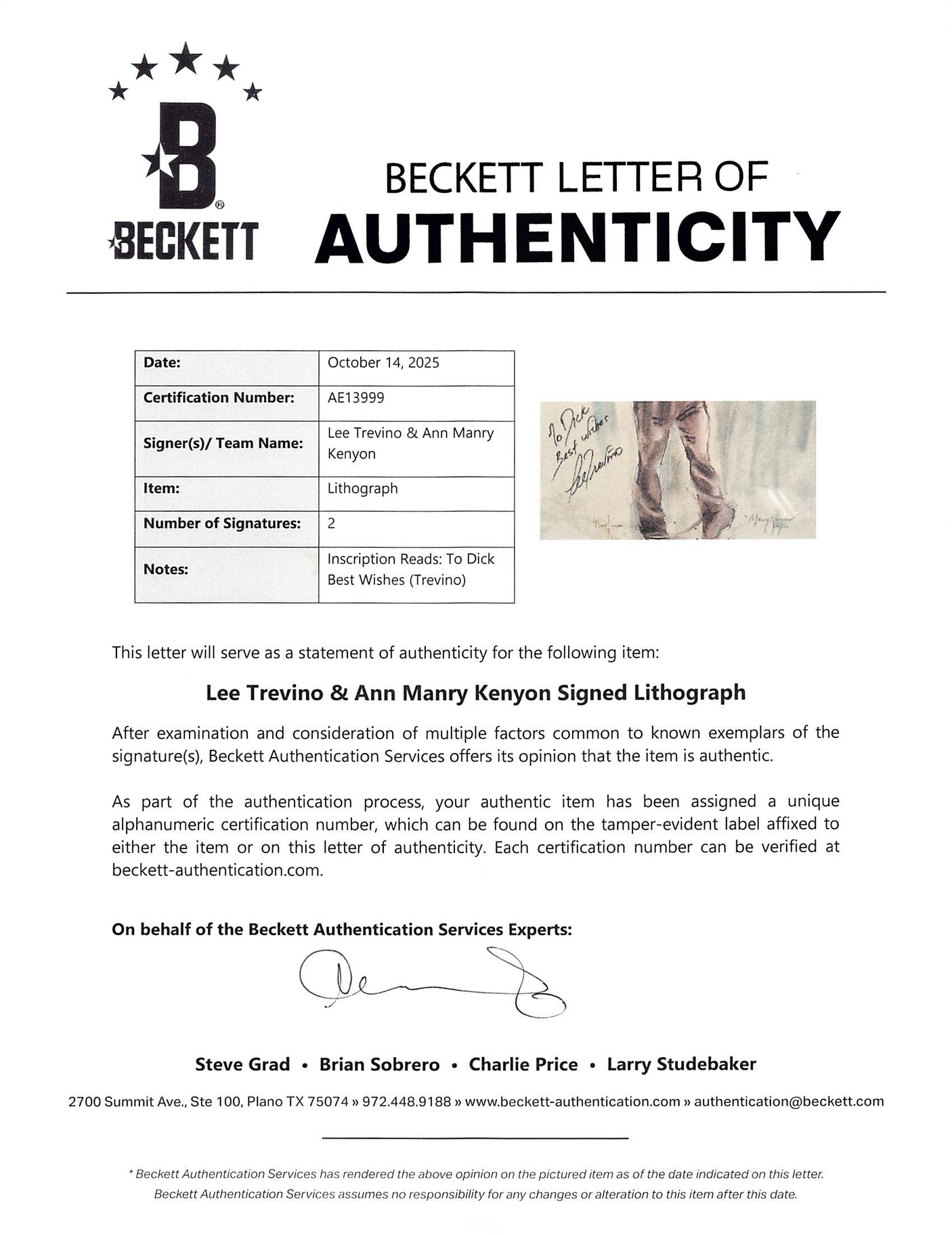 Lee Trevino & Ann Manry Kenyon Authentic Signed 18x22 Lithograph BAS #AE13999