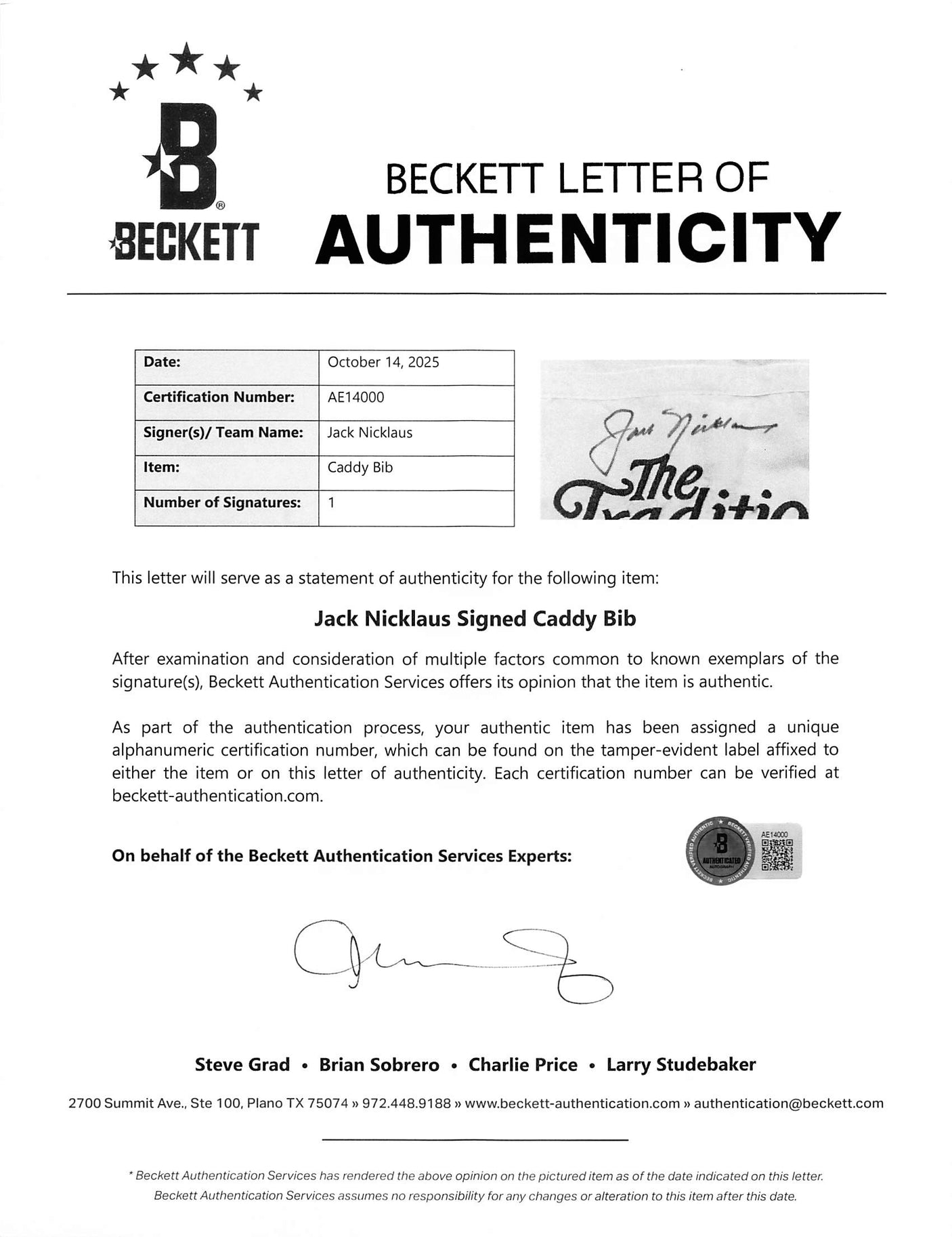 Jack Nicklaus Authentic Signed The Tradition Caddy Bib Shirt BAS #AE14000