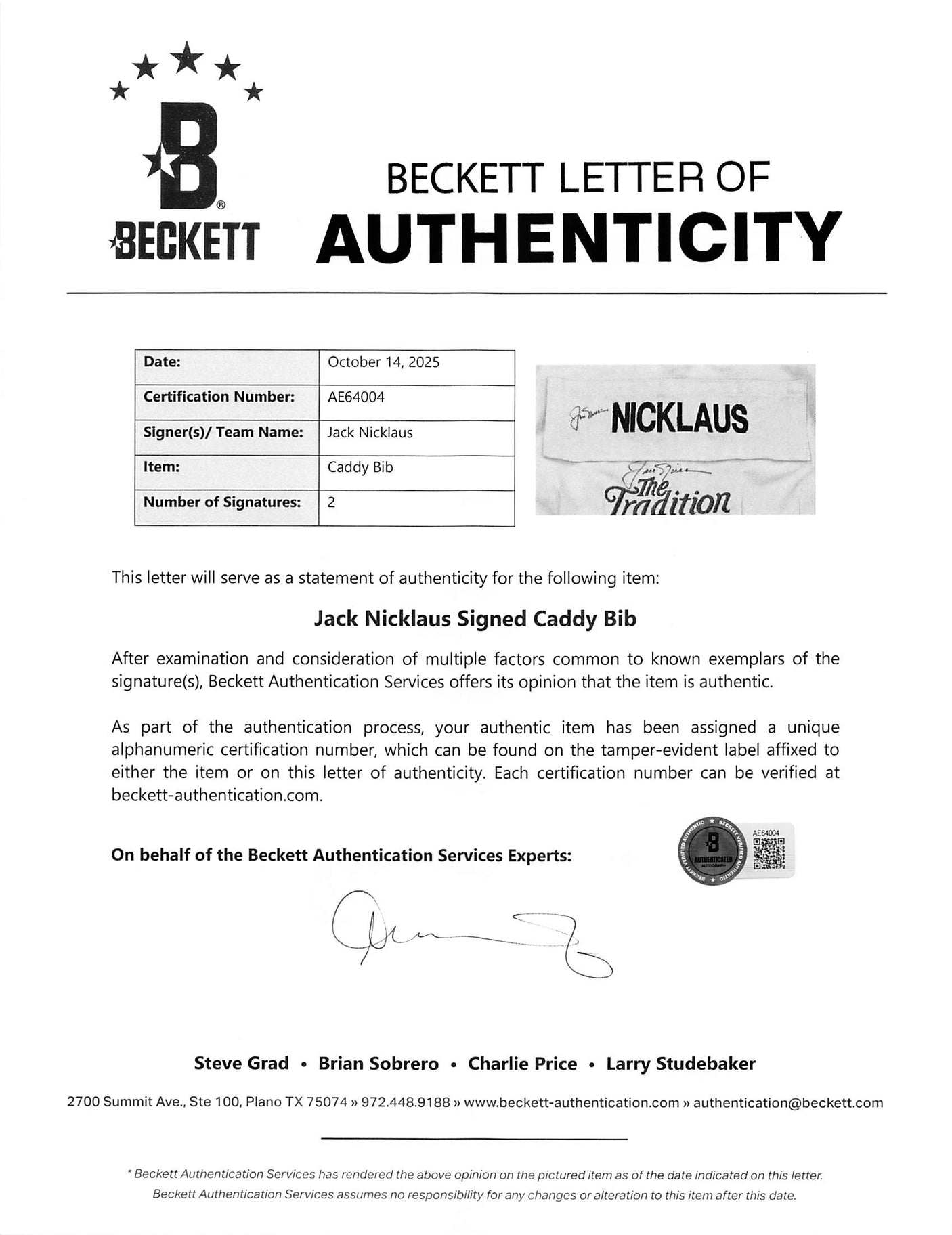 Jack Nicklaus Authentic 2x Signed The Tradition Caddy Bib Shirt BAS #AE64004