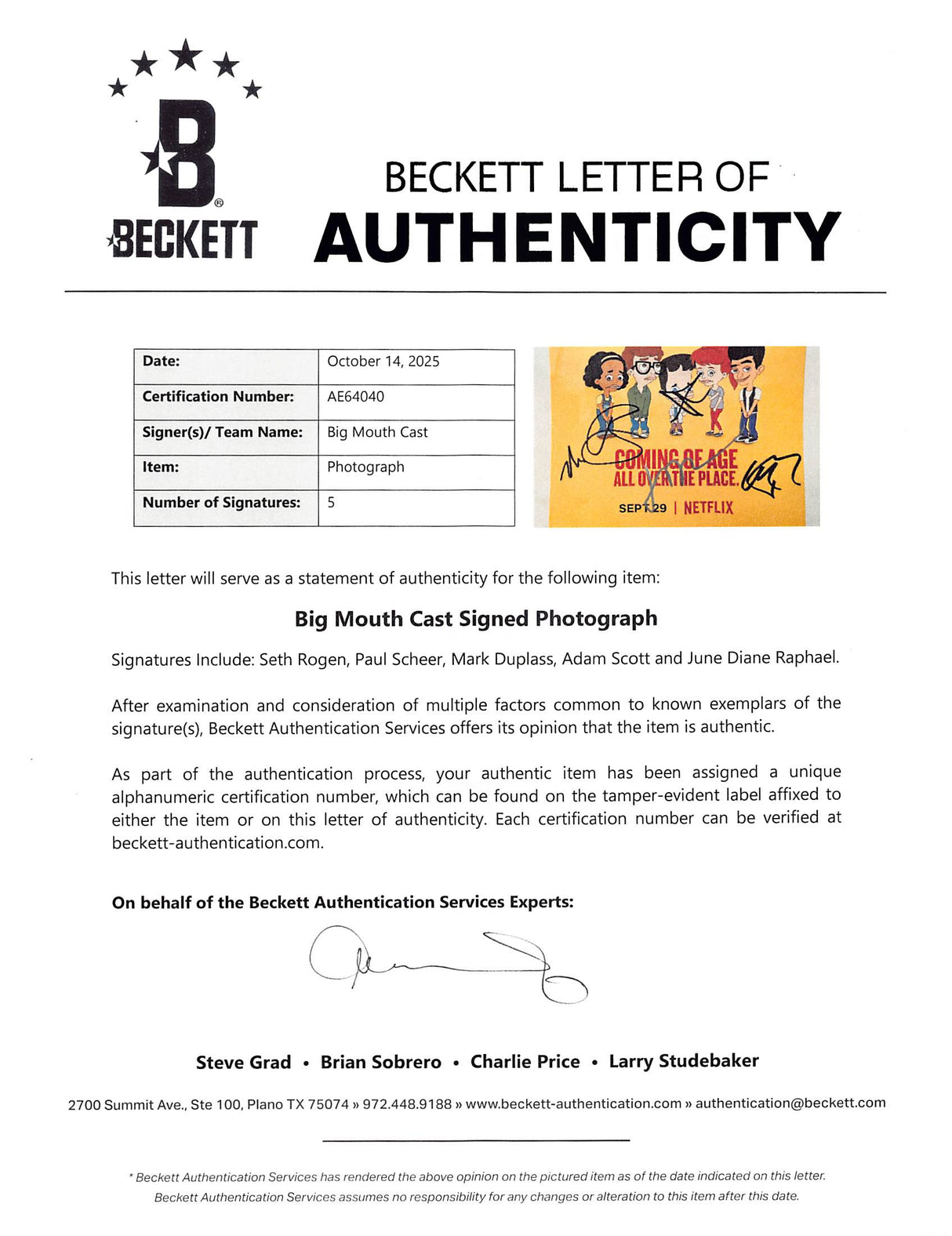 Big Mouth (5) Rogan, Scheer, Duplass, Scott & Raphael Signed 11x14 Photo BAS 2