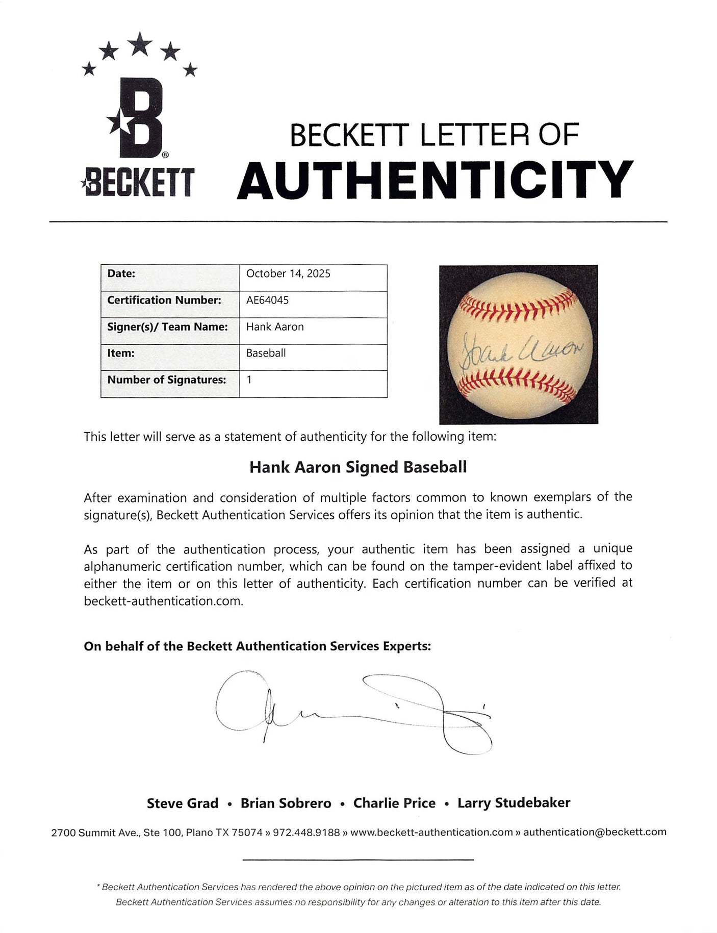 Braves Hank Aaron Authentic Signed Leonard Coleman ONL Baseball BAS #AE64045