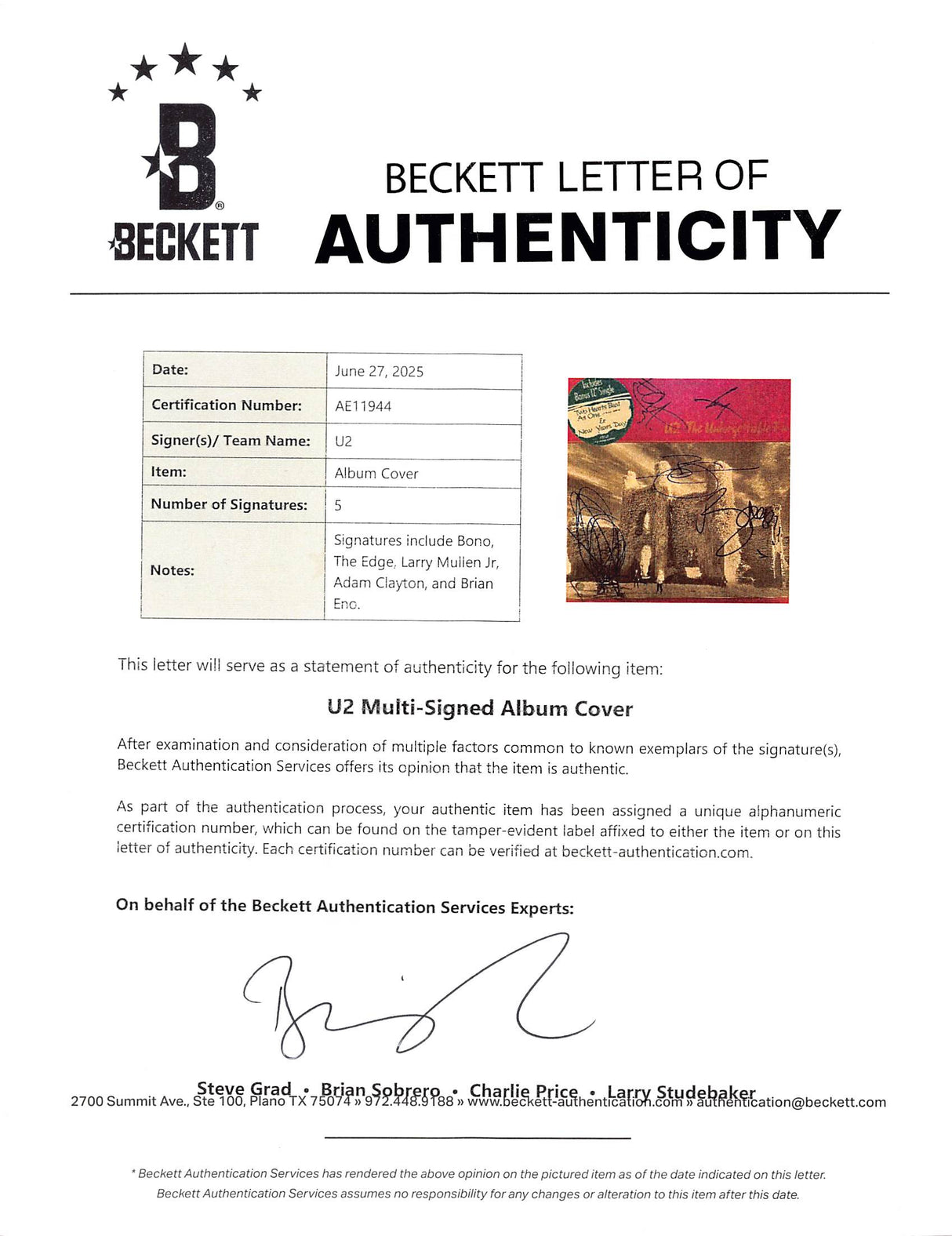 U2 (5) Bono, Edge, Mullen, Clayton & Eno Signed Album Cover w Vinyl BAS #AE11944