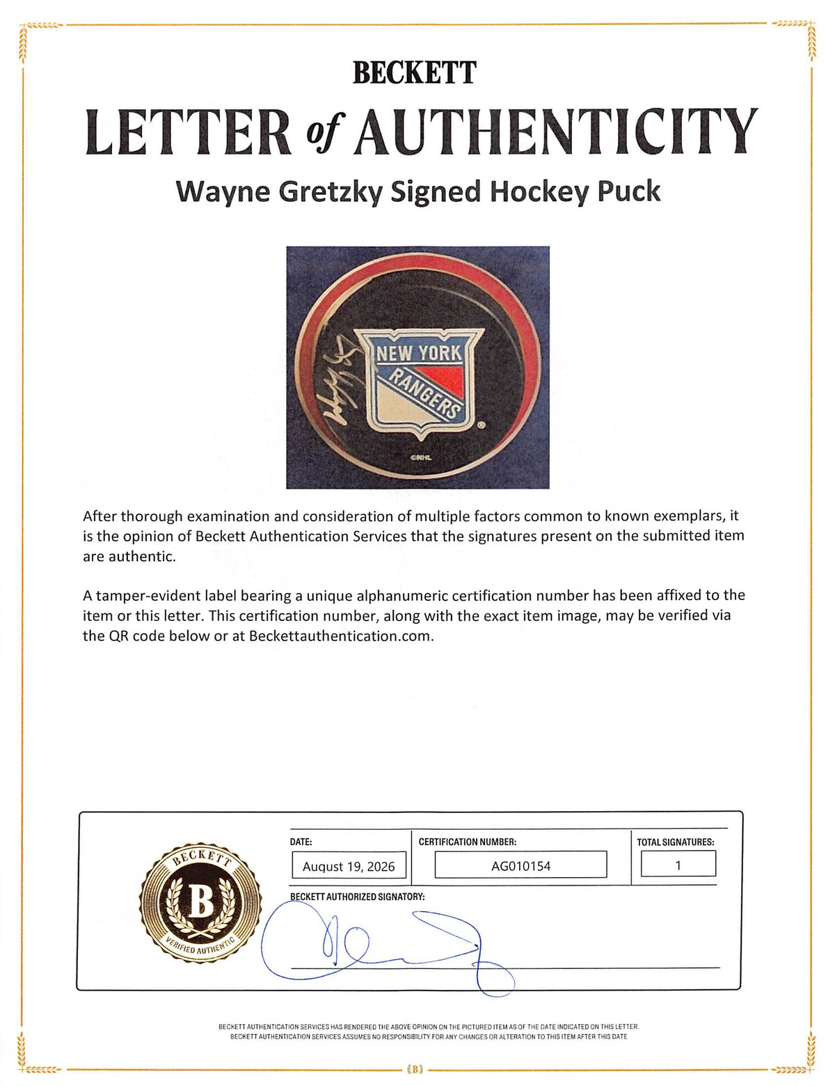 Rangers Wayne Gretzky Signed & Framed Official Logo Hockey Puck BAS #AG010154