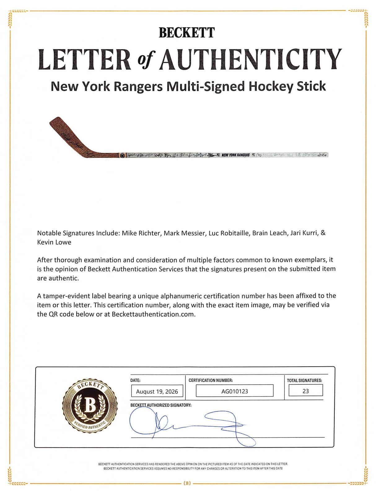 Rangers (23) Richter, Messier, Kurri +20 Signed NHL Hockey Stick BAS #AG010123