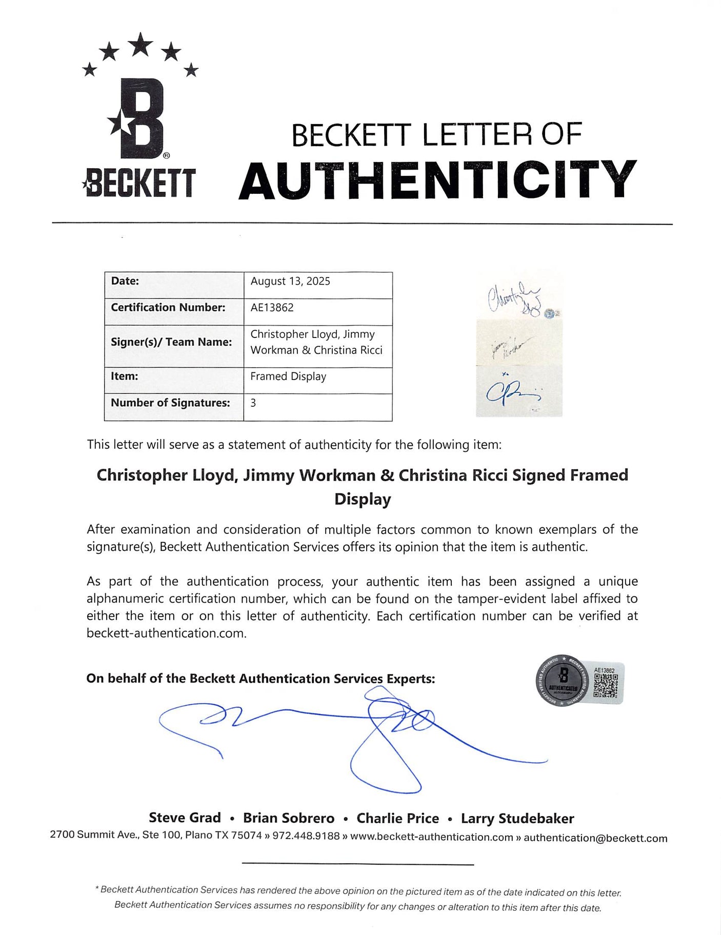 The Addams Family (3) Ricci, Lloyd, & Workman Signed Framed Display BAS #AE13862