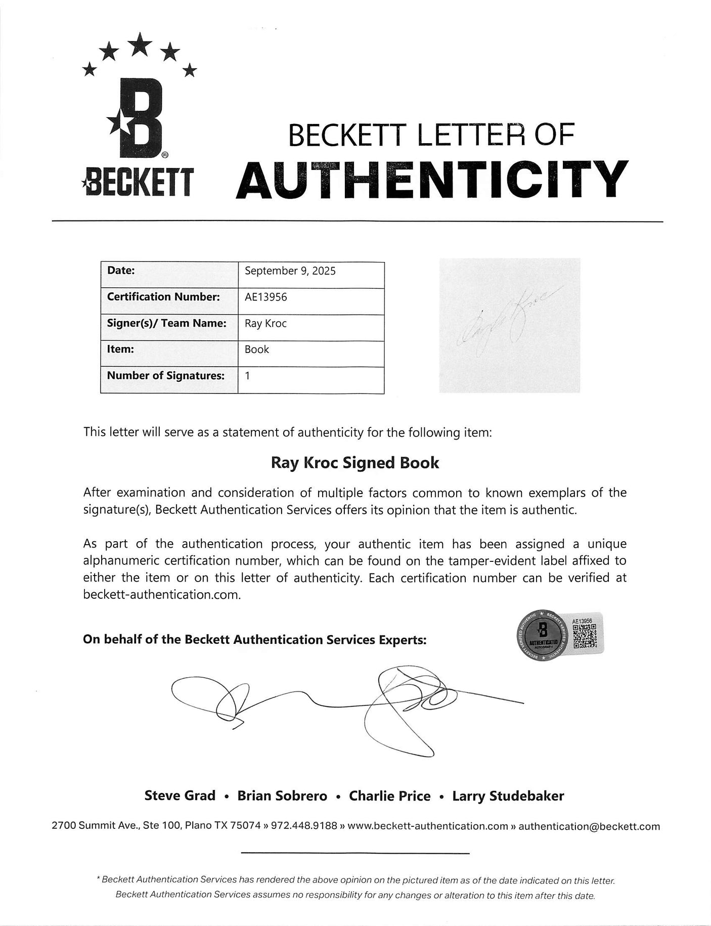 Ray Kroc Signed Grinding It Out: The Making of McDonald's Hard Cover Book BAS 2