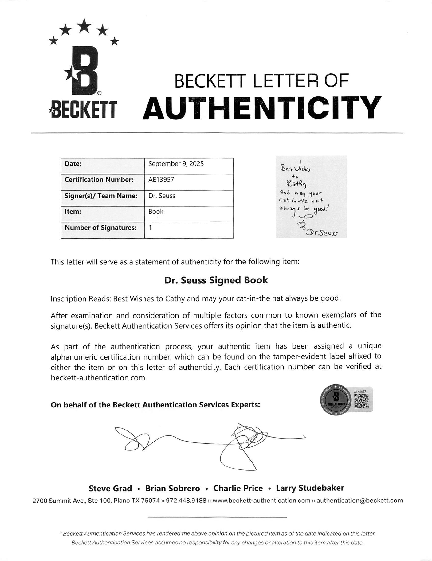 Dr. Seuss "Best Wishes" Signed The Cat in the Hat Hardcover Book BAS #AE13957