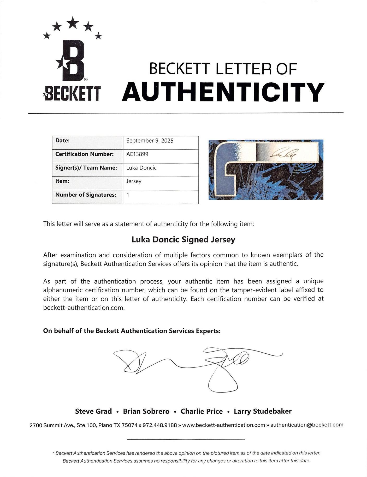 Mavericks Luka Doncic Authentic Signed Jersey BAS #AE13899