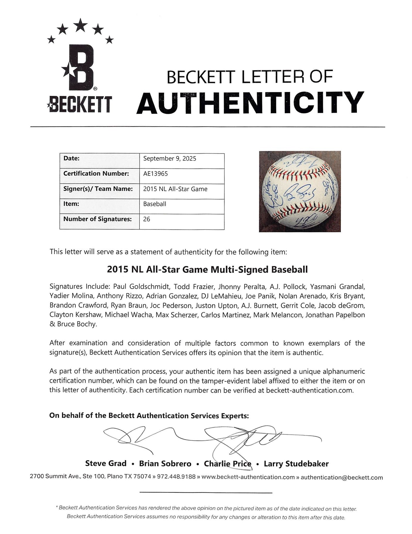 2015 NL ASG (26) Bryant, deGrom, Kershaw, Scherzer Signed Baseball BAS #AE13965