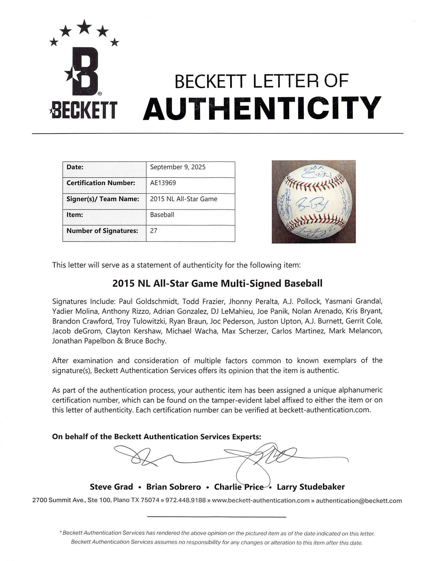 2015 NL ASG (27) Bryant, deGrom, Kershaw, Scherzer Signed Baseball BAS #AE13969