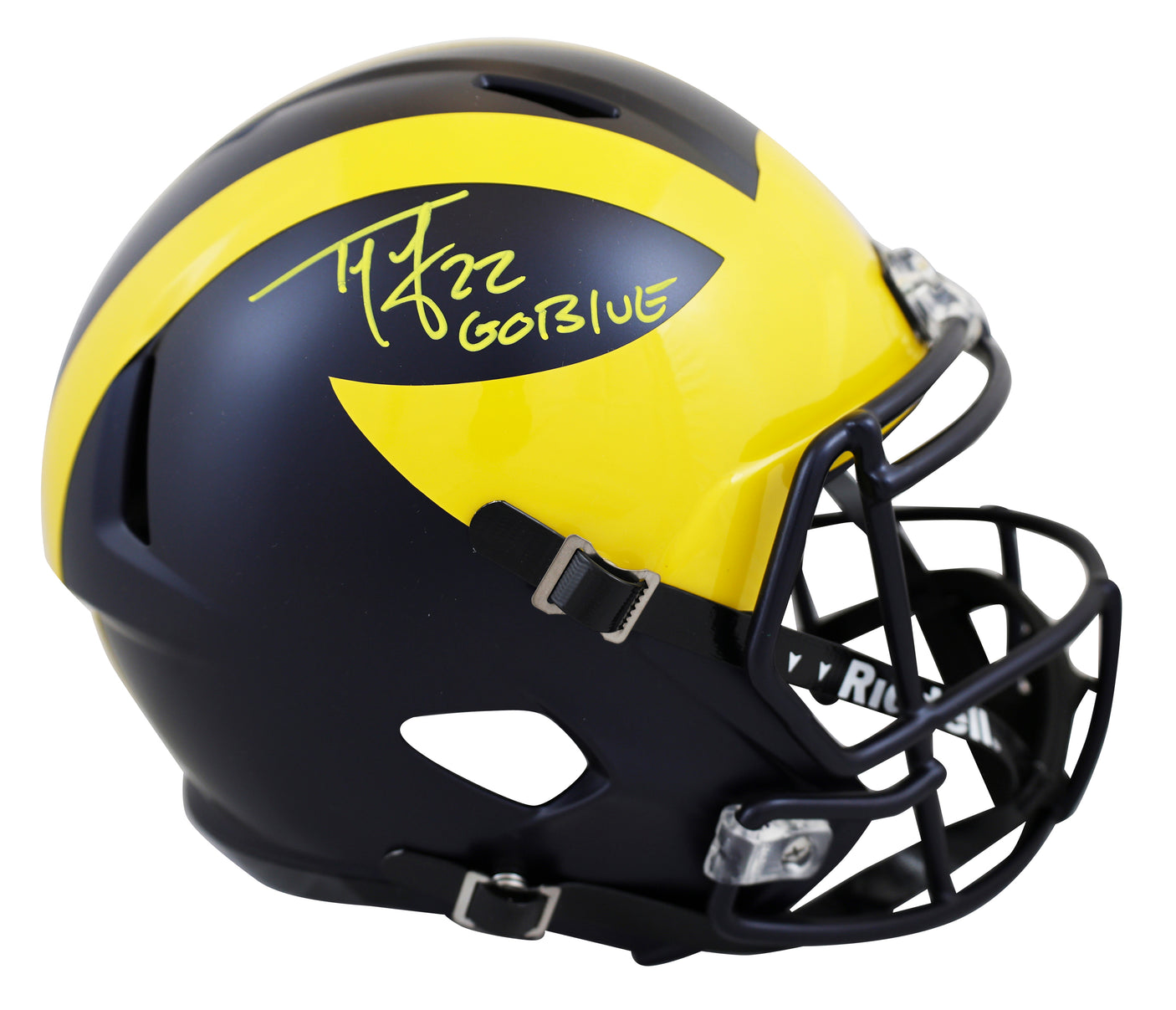 Michigan Ty Law "Go Blue!" Signed Riddell Full Size Speed Rep Helmet BAS Wit