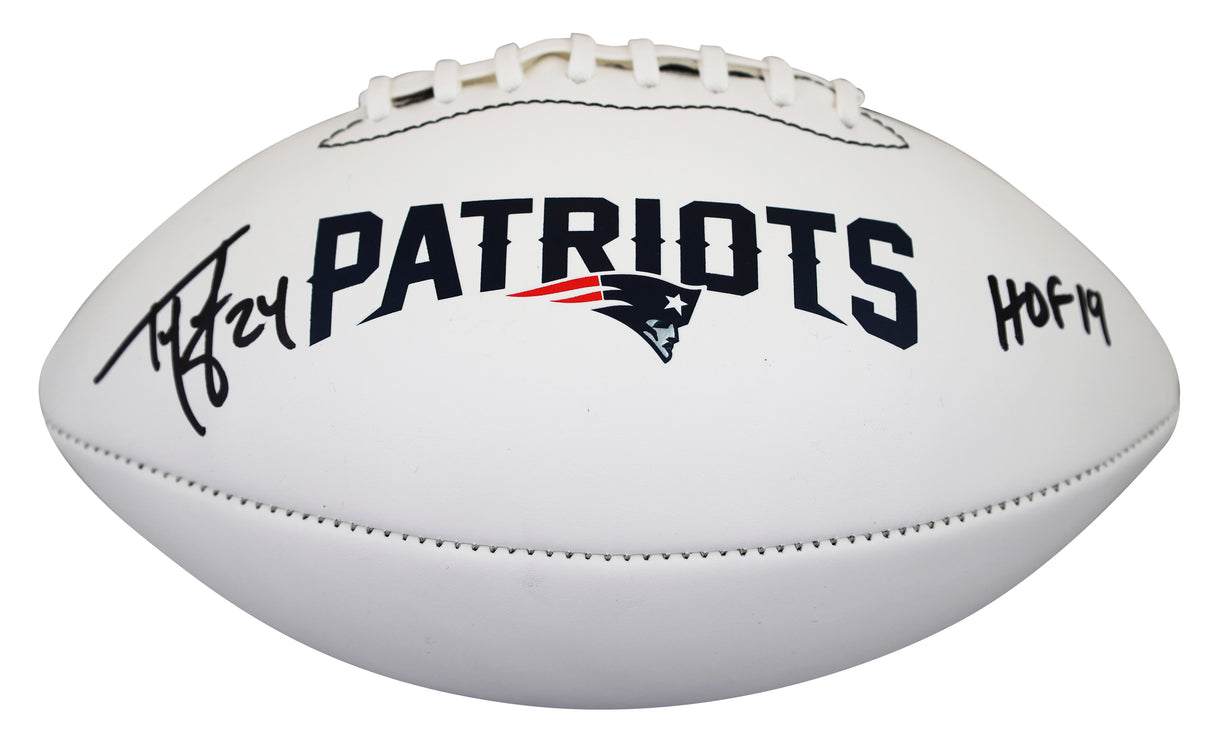 Patriots Ty Law "HOF 19" Signed Franklin White Panel Logo Football W/ Case BAS W