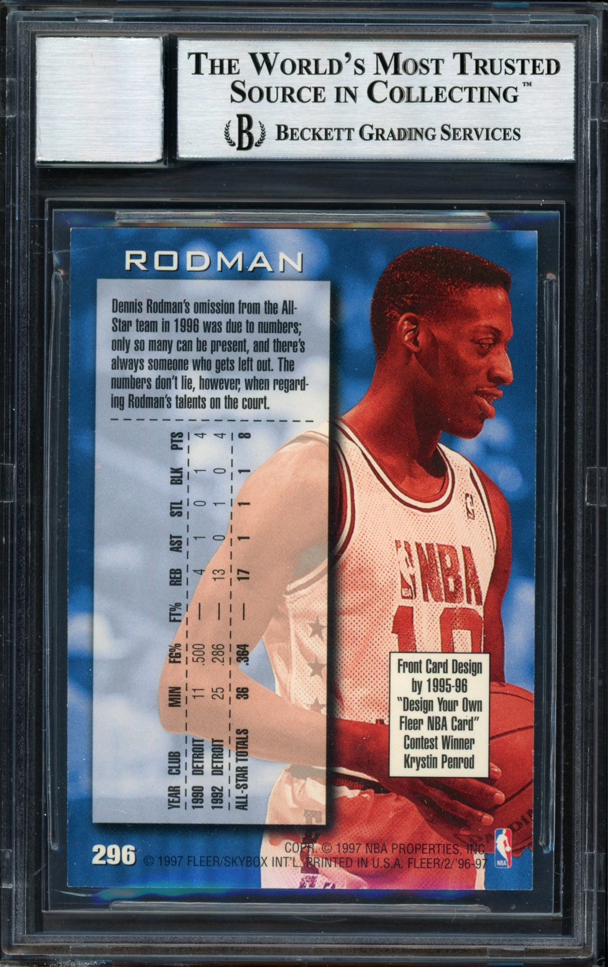 Dennis Rodman Autographed 1996-97 Fleer Card #296 Chicago Bulls Auto Grade 10 Beckett BAS #12518924