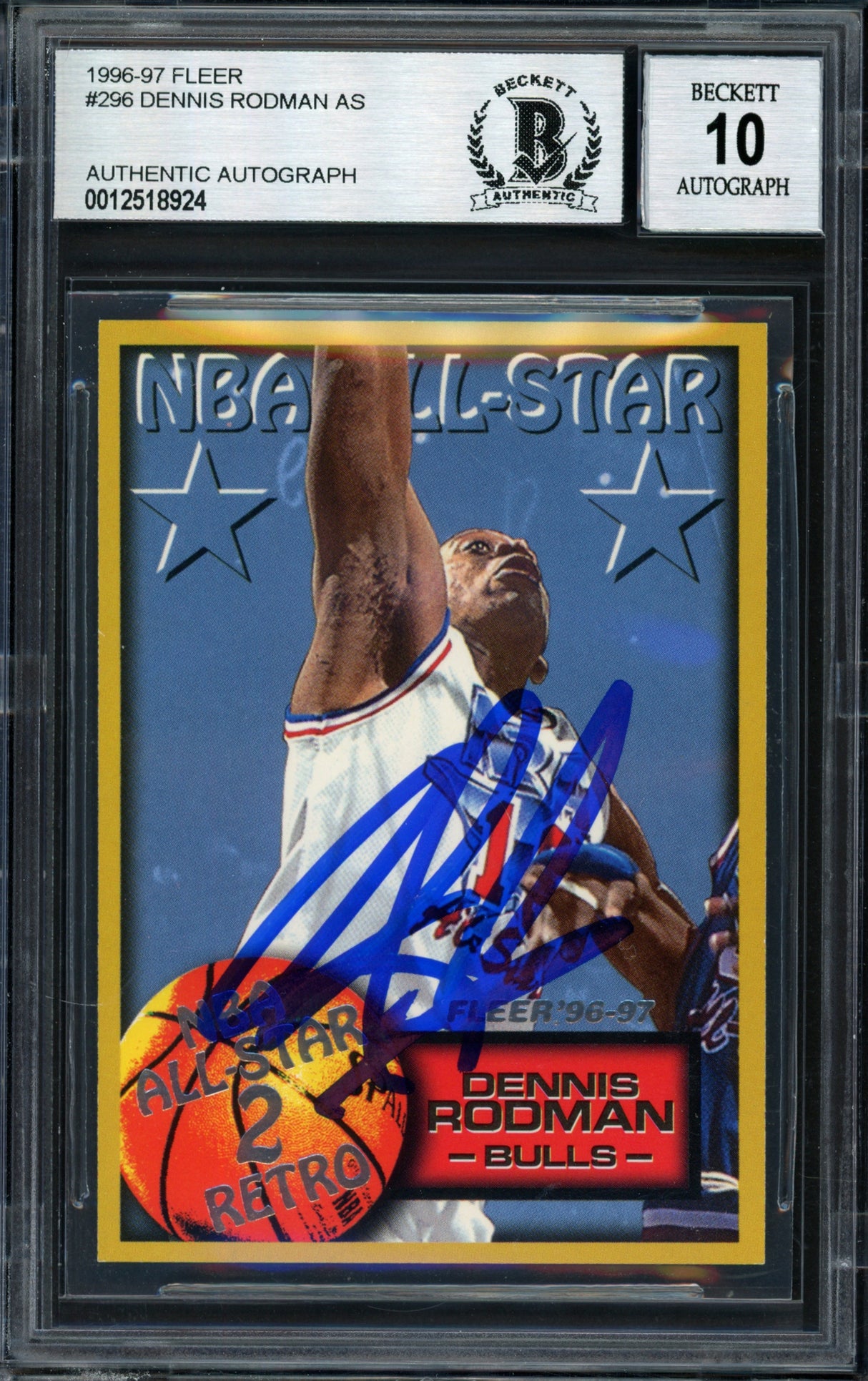 Dennis Rodman Autographed 1996-97 Fleer Card #296 Chicago Bulls Auto Grade 10 Beckett BAS #12518924