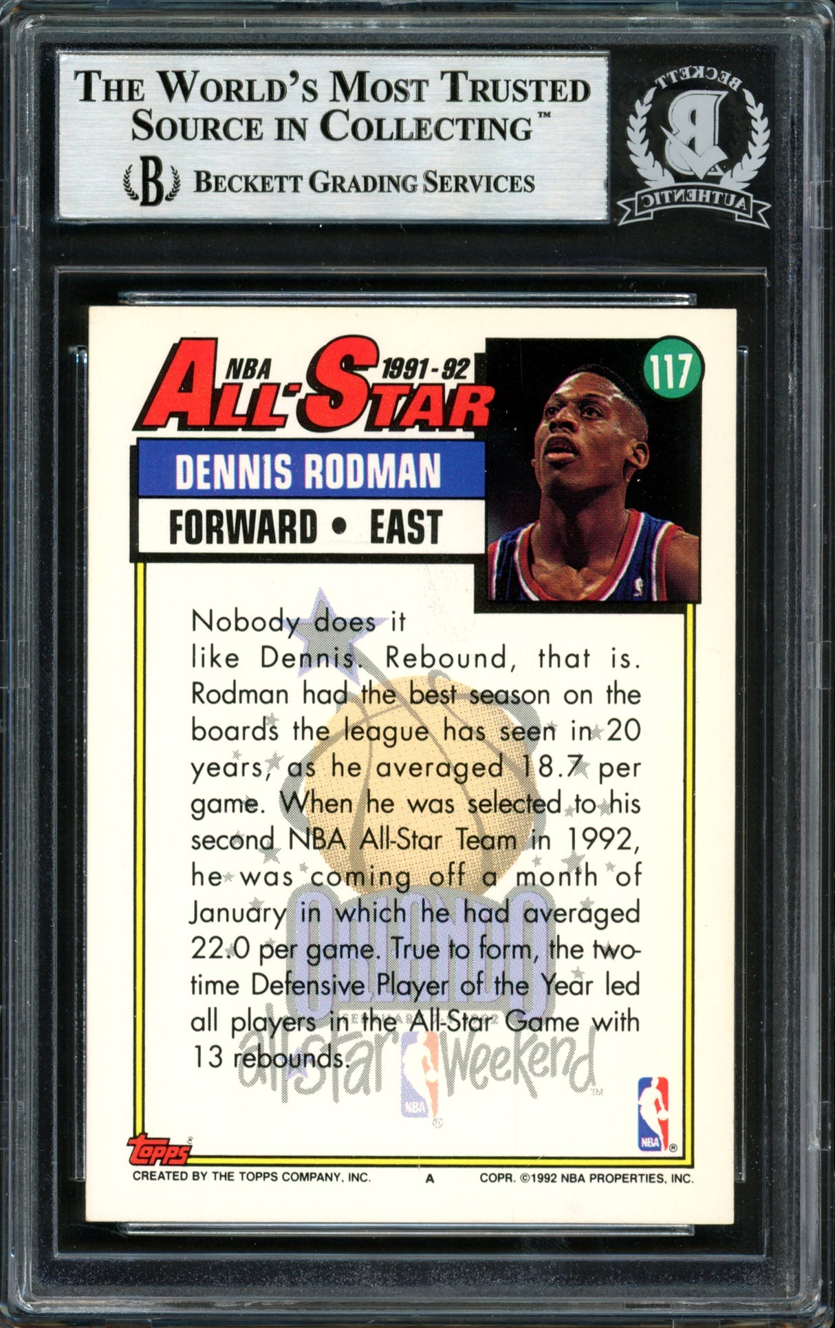 Dennis Rodman Autographed 1992-93 Topps All-Star Card #117 Detroit Pistons Beckett BAS #12518291