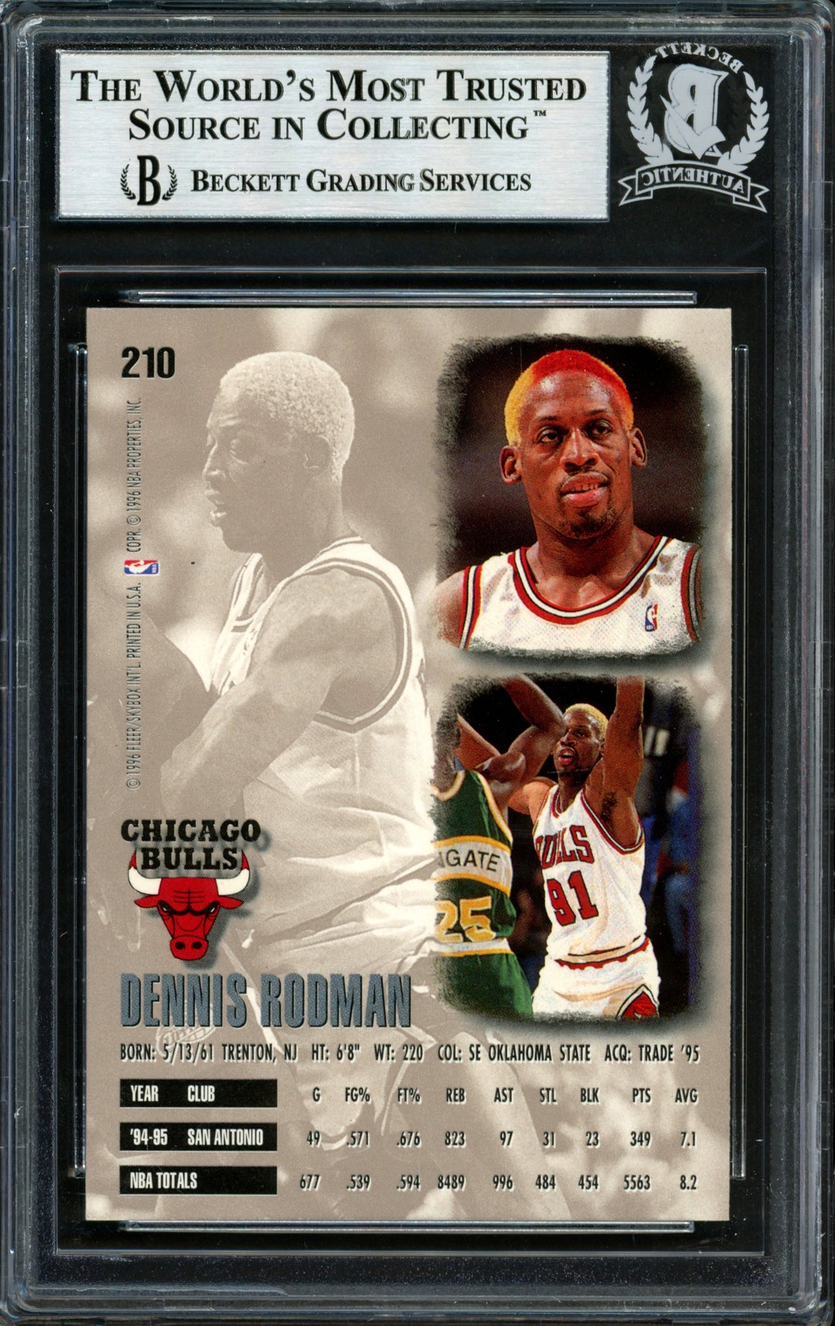 Dennis Rodman Autographed 1995-96 Fleer Ultra Card #210 Chicago Bulls Beckett BAS #12516999