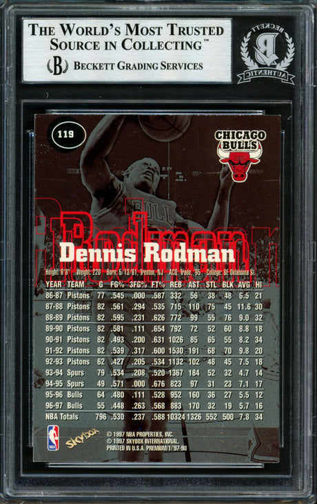 Dennis Rodman Autographed 1997-98 Skybox Premium Card #119 Chicago Bulls Signed In Blue Beckett BAS #12517182
