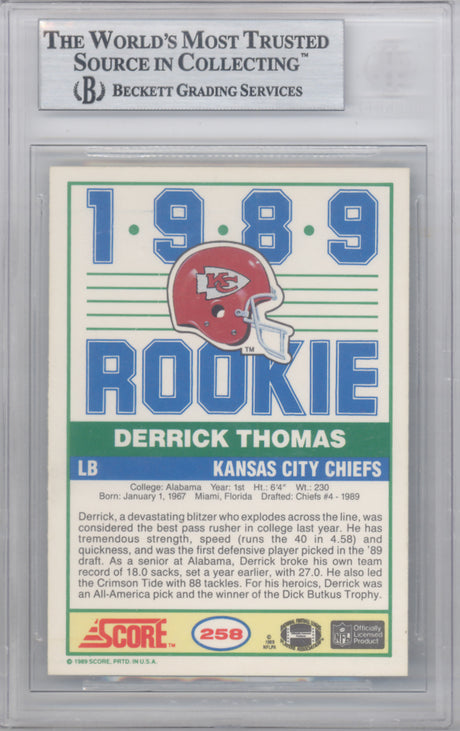 Derrick Thomas Autographed 1989 Score Rookie Card #258 Kansas City Chiefs Beckett BAS #10007578