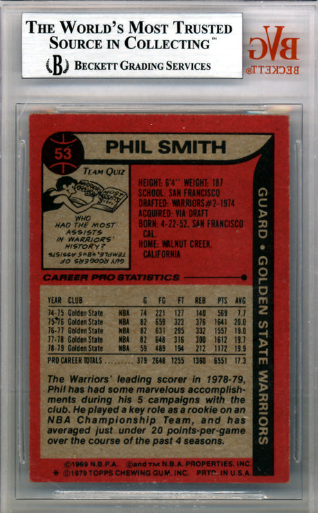 Phil Smith Autographed 1979 Topps Card #53 Golden State Warriors Beckett BAS #10009135