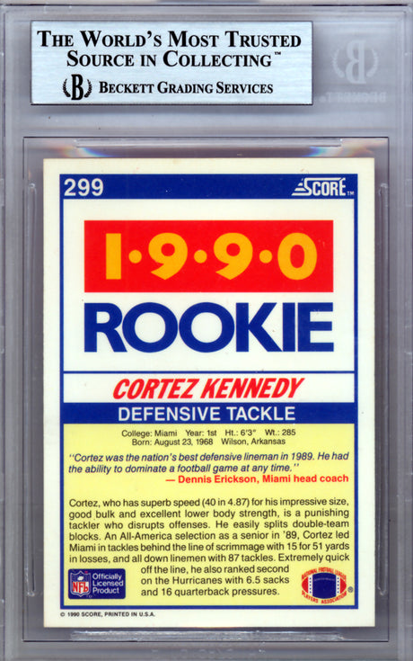 Cortez Kennedy Autographed 1990 Score Rookie Card #299 Seattle Seahawks Beckett BAS #10009593