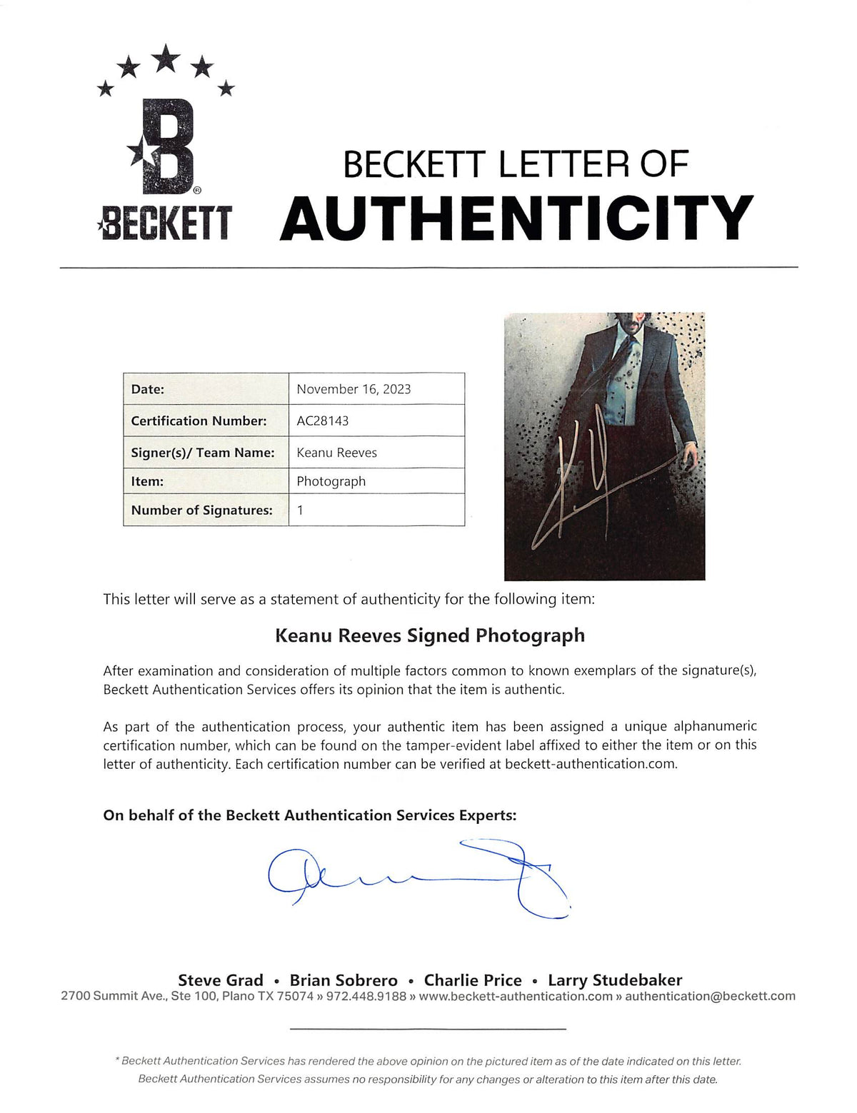 Keanu Reeves John Wick Chapter 2 Authentic Signed 11x14 Photo BAS #AC28143