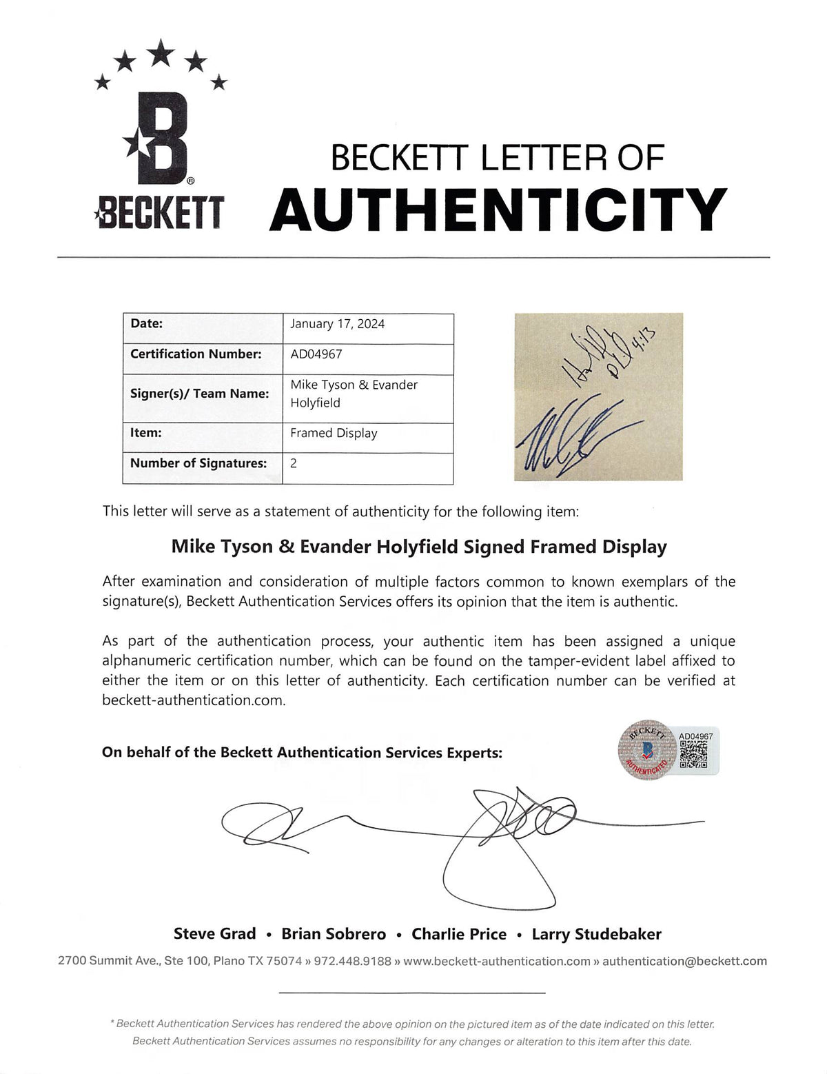 Mike Tyson & Evander Holyfield Signed & Framed 3x5 Index Card BAS #AD04967
