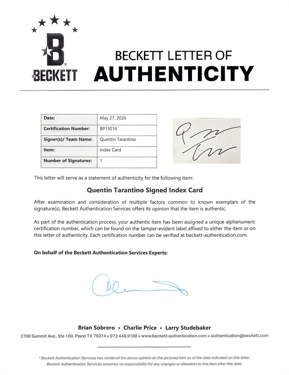 Quentin Tarantino Pulp Fiction Authentic Signed 4x6 Index Card Frame Display BAS