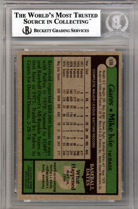 Mike Ivie Autographed 1979 Topps Card #538 San Diego Padres Beckett BAS #10211564