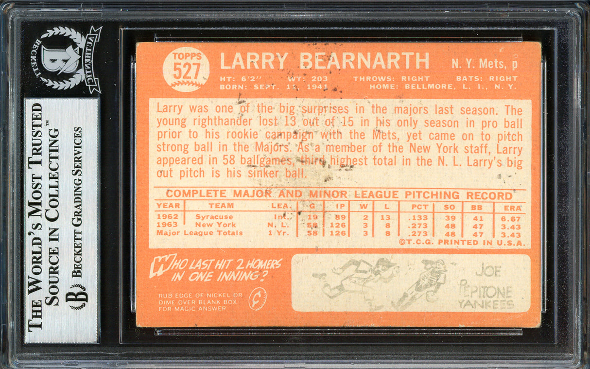 Larry Bearnarth Autographed 1964 Topps Card #527 New York Mets High Number Beckett BAS #12409432