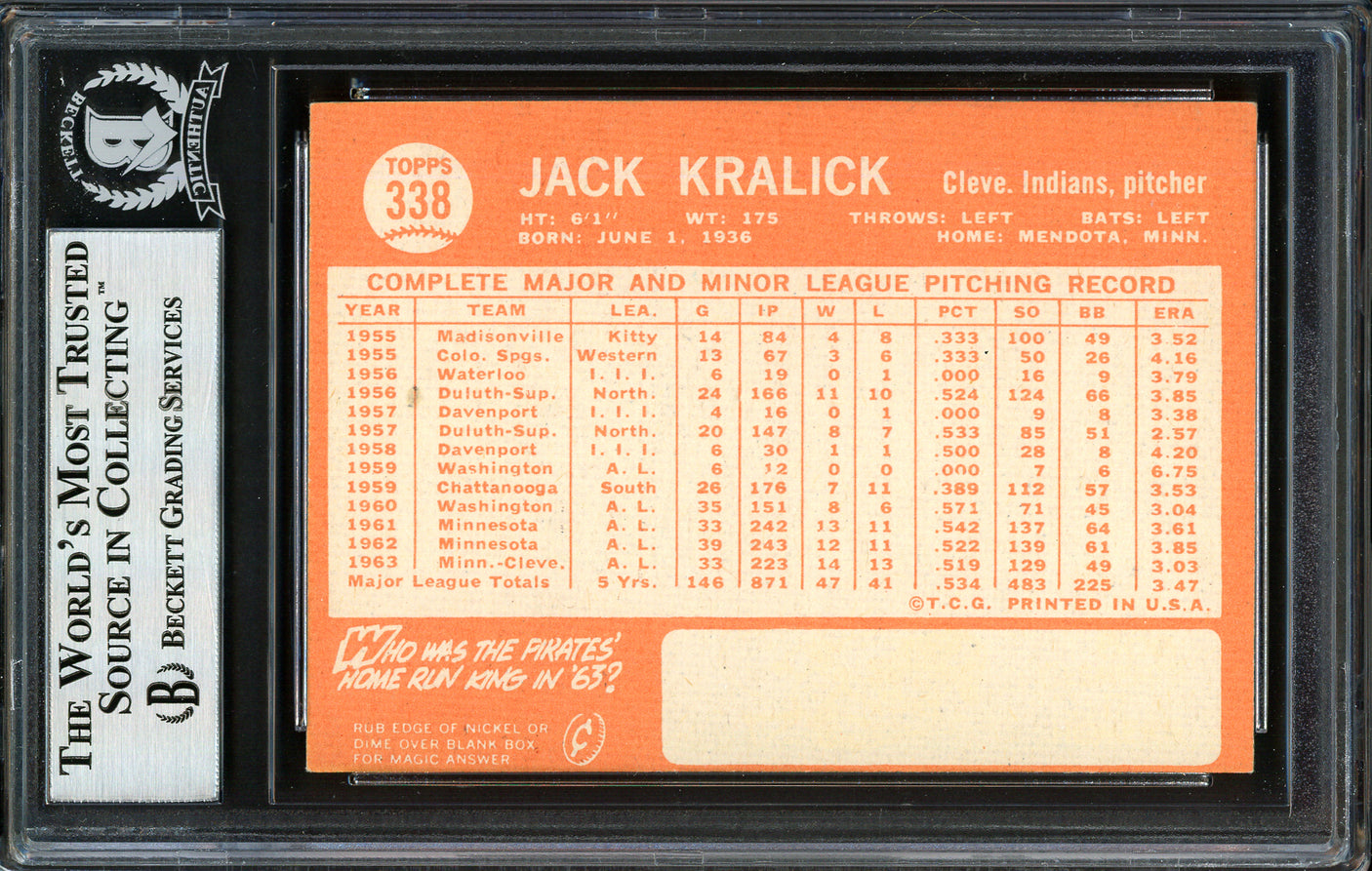 Jack Kralick Autographed 1964 Topps Card #338 Cleveland Indians Beckett BAS #12409434