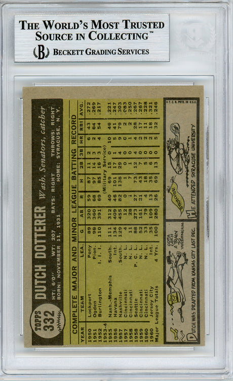 Dutch Dotterer Autographed 1961 Topps Card #332 Washington Senators Beckett BAS #10540142