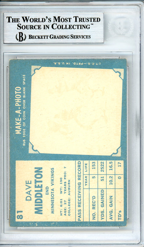 Dave Middleton Autographed 1961 Topps Card #81 Minnesota Vikings Beckett BAS #10540201