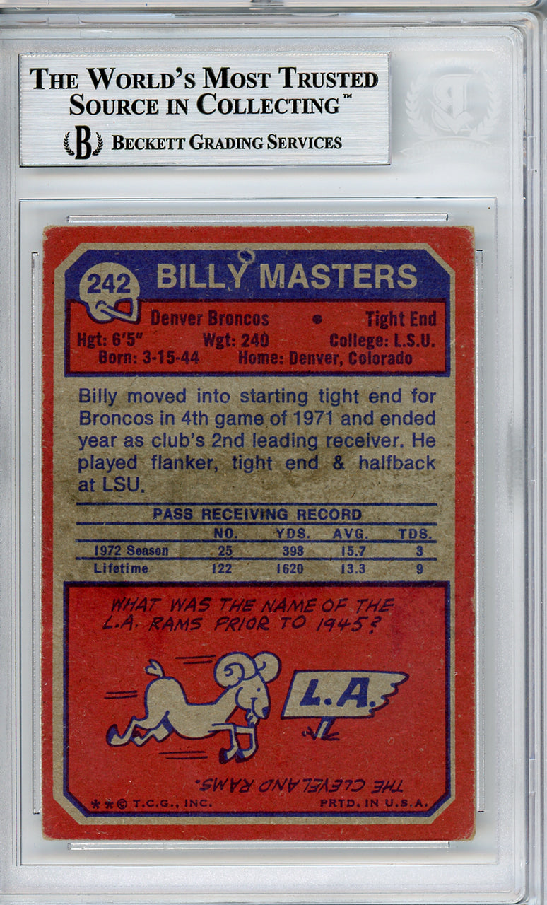 Billy Masters Autographed 1973 Topps Rookie Card #252 Denver Broncos Beckett BAS #10540359