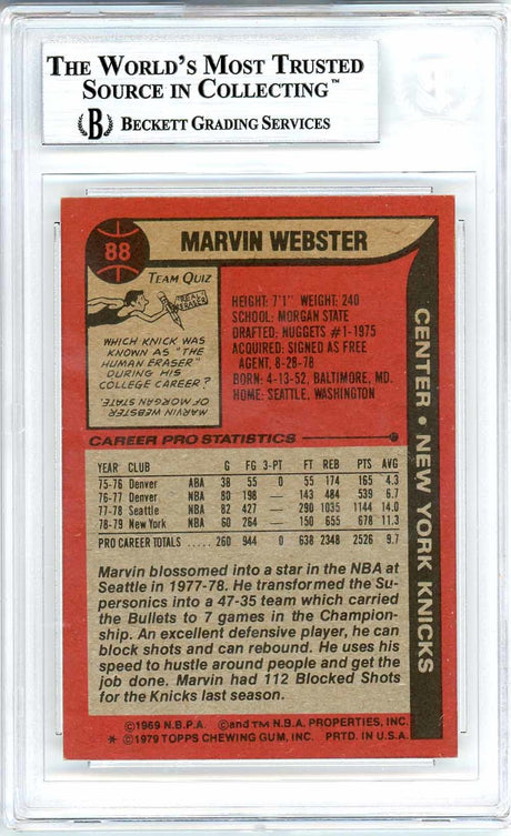 Marvin Webster Autographed 1979-80 Topps Card #88 New York Knicks Beckett BAS #10712272