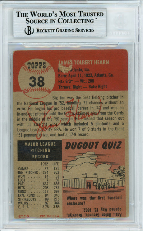 Jim Hearn Autographed 1953 Topps Card #38 New York Giants Beckett BAS #10734248