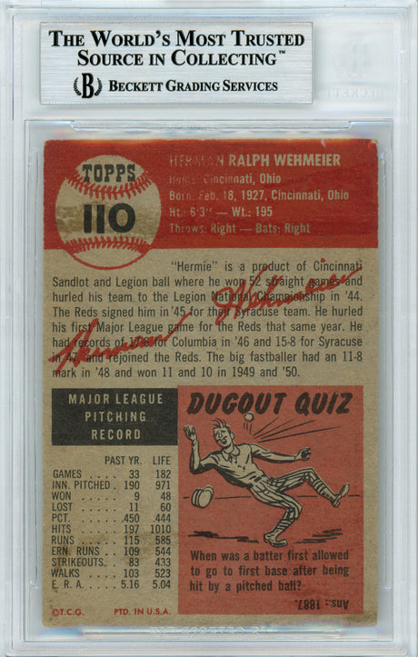 Herman "Herm" Wehmeier Autographed 1953 Topps Card #110 Cincinnati Reds Beckett BAS #10734252