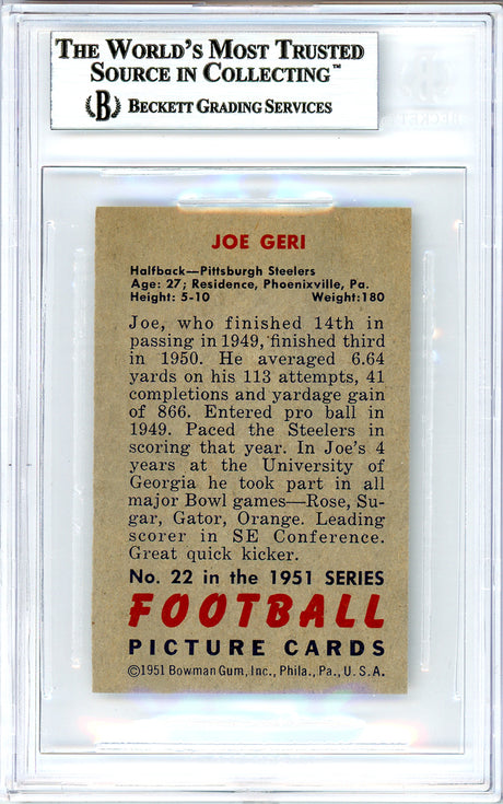 Joe Geri Autographed 1951 Bowman Card #22 Pittsburgh Steelers Beckett BAS #10736546