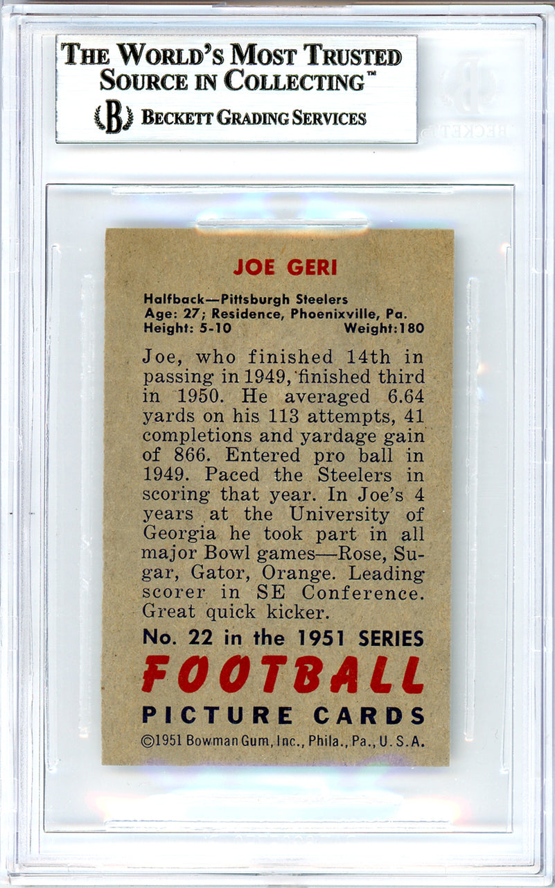 Joe Geri Autographed 1951 Bowman Card #22 Pittsburgh Steelers Beckett BAS #10736546