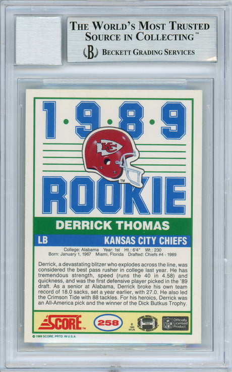 Derrick Thomas Autographed 1989 Score Rookie Card #258 Kansas City Chiefs Gem Mint 10 Beckett BAS #10837027