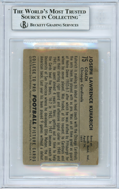 Joseph Kuharich Autographed 1952 Bowman Small Rookie Card #75 Notre Dame, Chicago Cardinals Beckett BAS #10838497