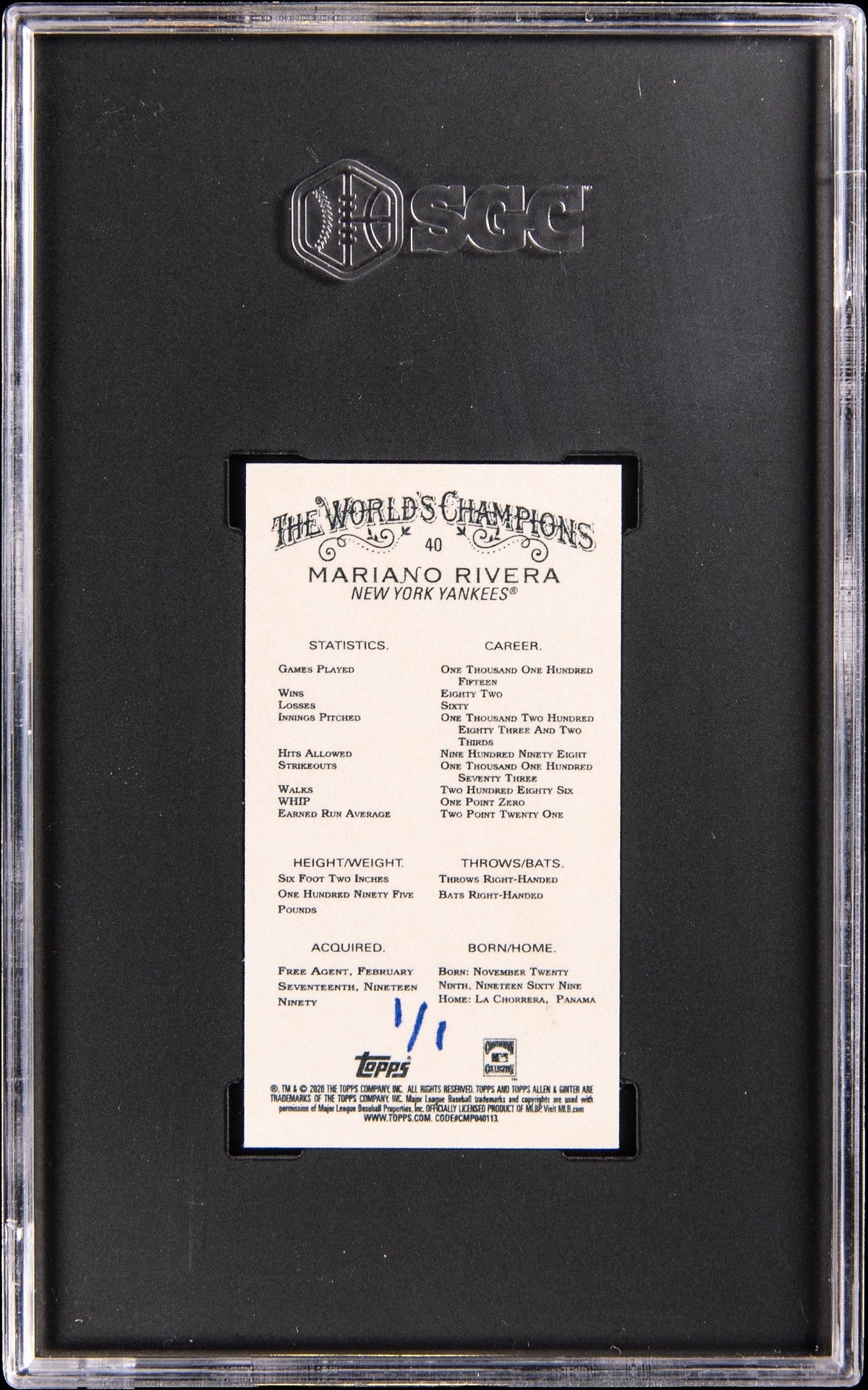 2020 Topps Allen & Ginter Mini Wood Mariano Rivera #40 1/1 Yankees SGC 9.5 MT+
