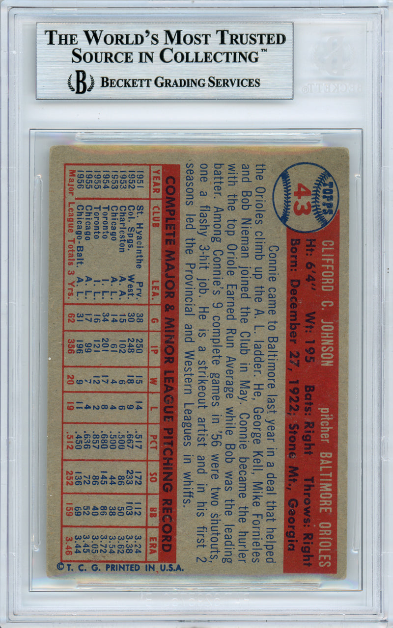 Connie Johnson Autographed 1957 Topps Card #43 Baltimore Orioles Beckett BAS #10982218