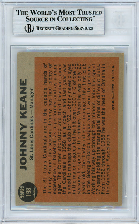 Johnny Keane Autographed 1962 Topps Card #198 St. Louis Cardinals Beckett BAS #10982260