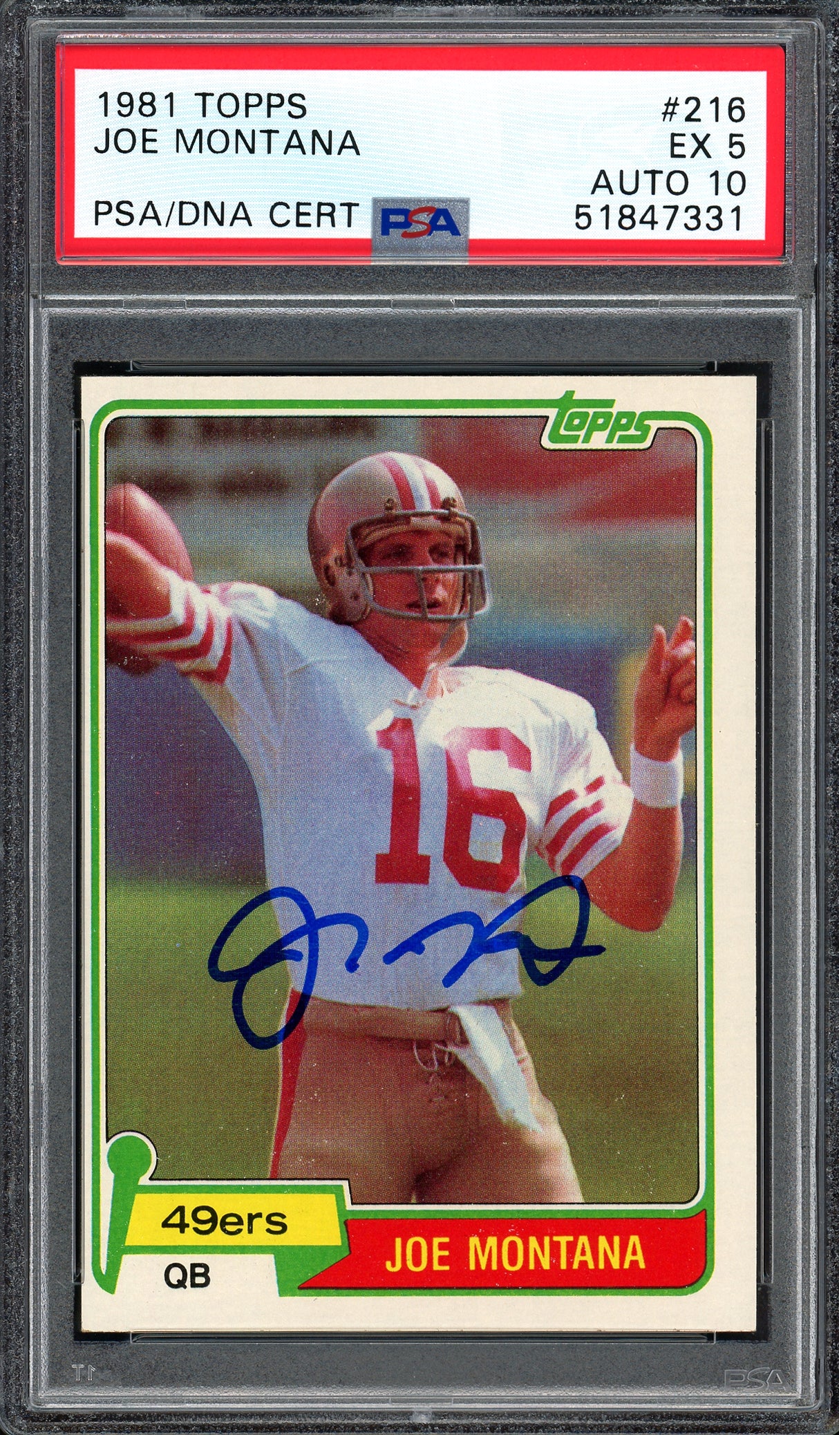 Joe Montana Autographed 1981 Topps Rookie Card #216 San Francisco 49ers PSA 5 Auto Grade Gem Mint 10 PSA/DNA #51847331